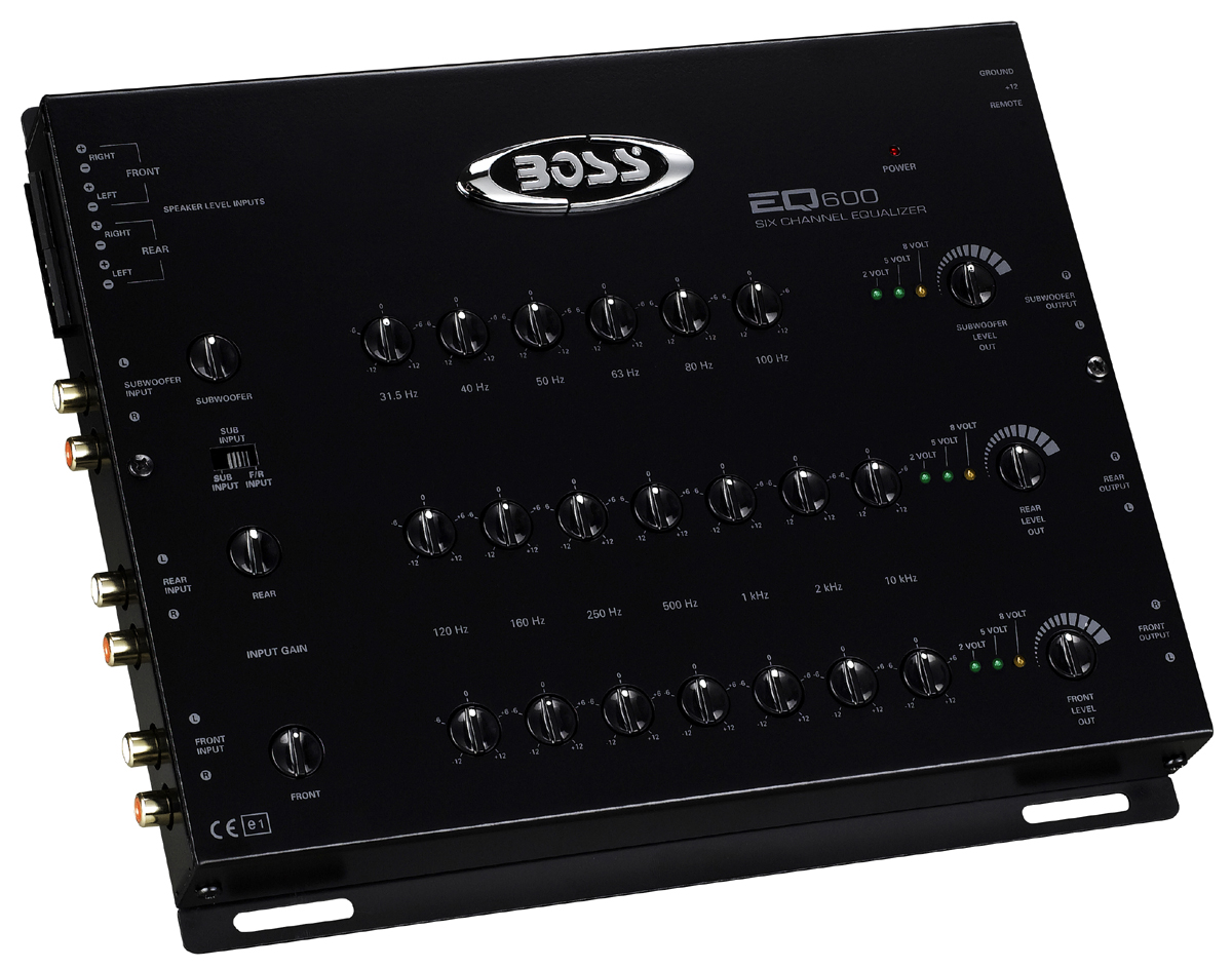 Audio equalizer and amplifier. Boss Audio Systems eq1208. Helix cap 1000.